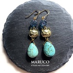 PP700-39ターコイズmagnesite＋猫*天然石ピアス  ｽﾃﾝﾚｽ   *送料無料* イヤリング＆樹脂ピアス交換OK　