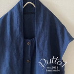 近江産リネン「受注生産」くったりリネン・ネイビー　ストライプの変わり衿・羽織ブラウス　2way取り外せるリボンつき