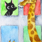 かつきかずお　黒猫ときりん＊額入絵画