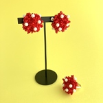 ドット好きへ届け  PomPomDropsイヤリング+リングセット　ドット　レッド×ホワイト MD04