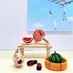ちりめん細工　夏の風物詩　《  竹床几 ・ うちわ ・ 丸すいか ・ 切りすいか ・ たらい ・ 蚊遣り豚 ・ ビーチサンダル  》　７点１セット