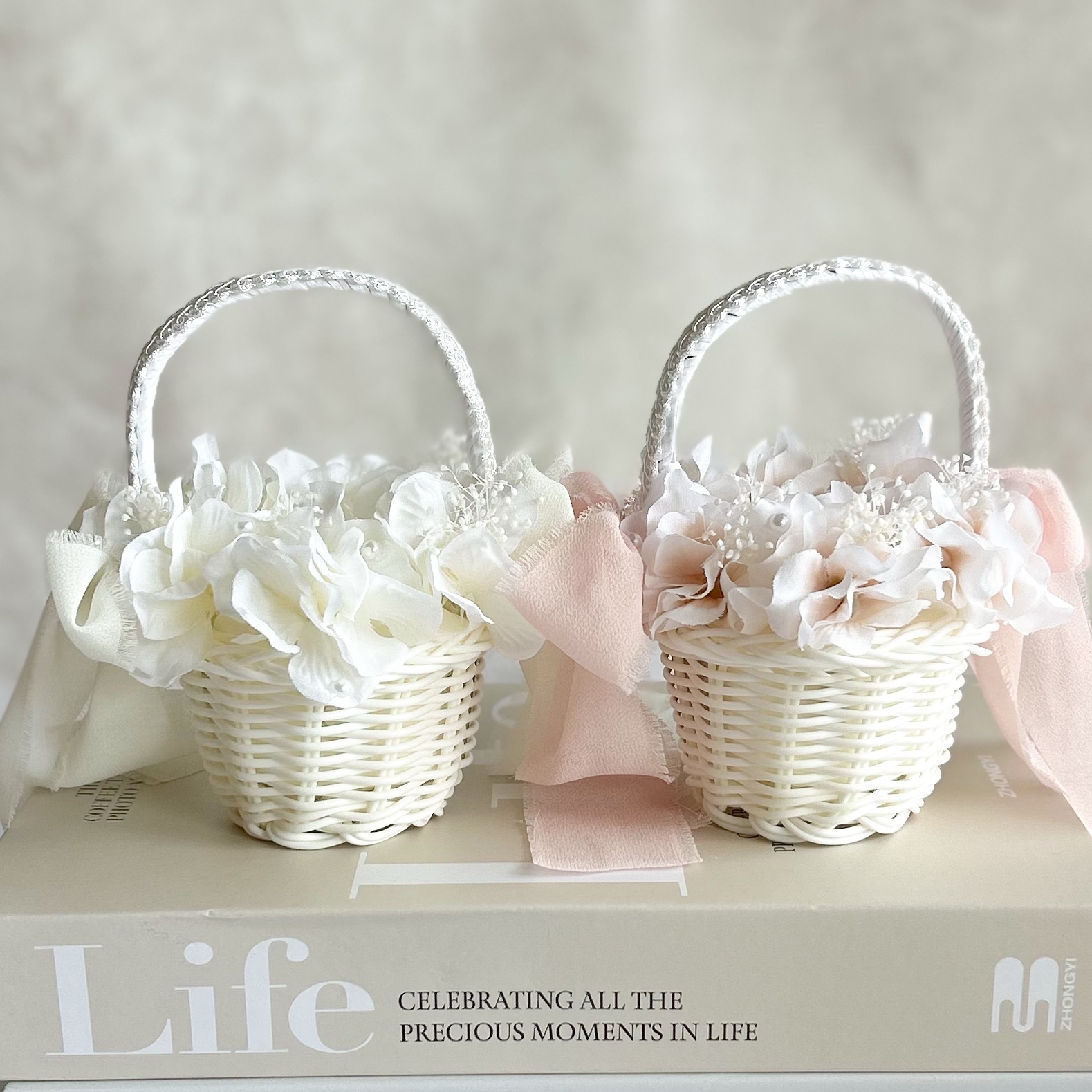 2人で運べる リングピロー かご 2点セット ホワイト ピンク 結婚式 