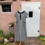 リネンの丸襟Aラインワンピース(半袖、黒白ギンガムチェック)