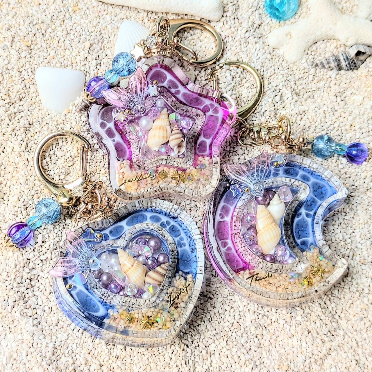 ハート型海塗りダブルシェイカーキーホルダー uvレジン 海レジン