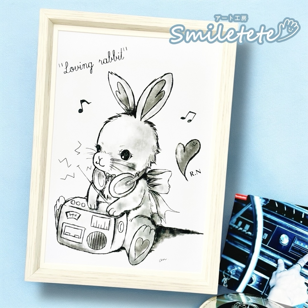 恋するウサギちゃんA4複製画 絵画 ラメ加工イラスト 手書き