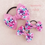 姉妹でおそろいも♡リボンヘアゴムセット　あざやかピンクと紫の花柄