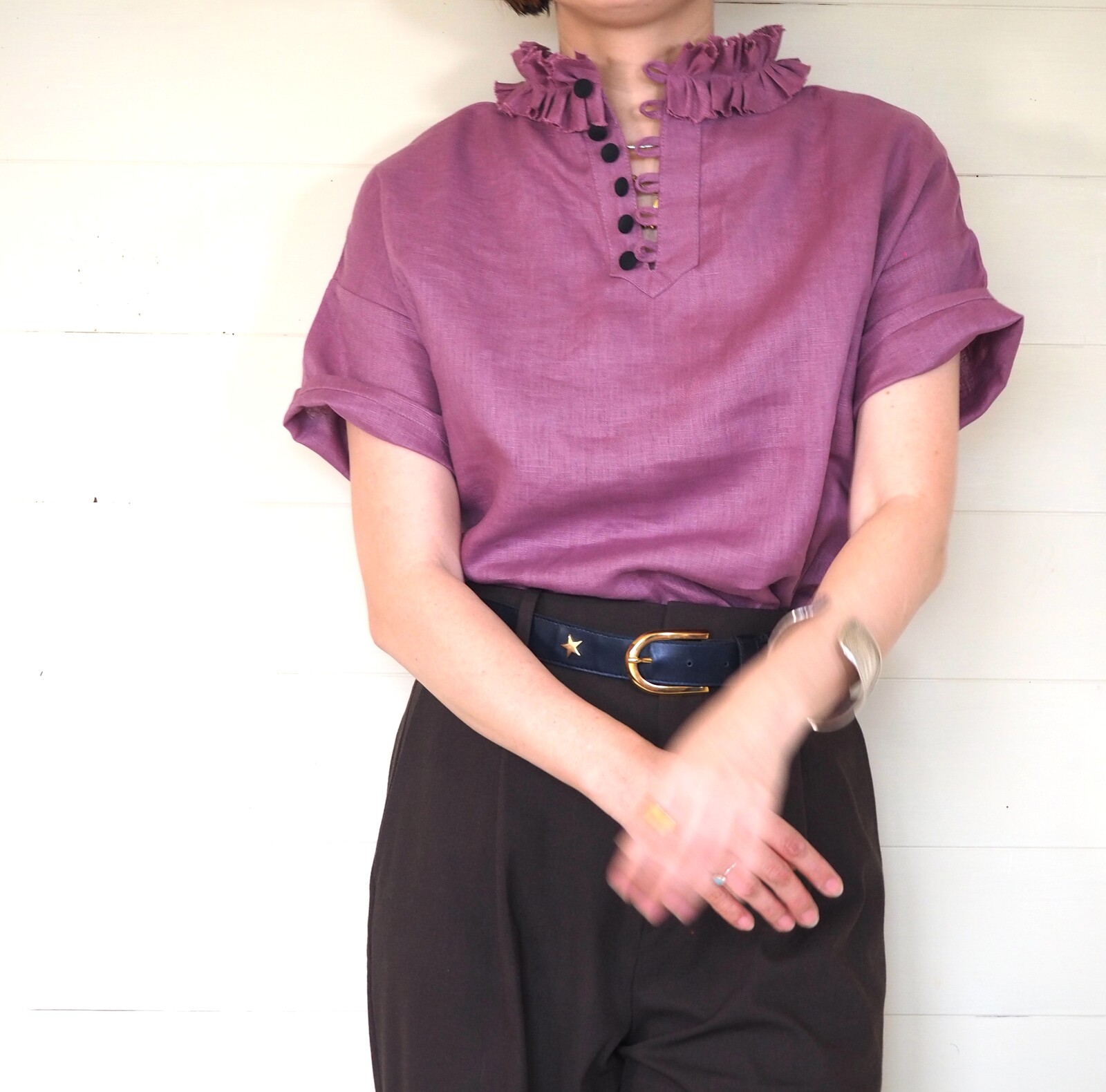 美品　ハンドメイド作家　リネン　ブラウス　紫　ピンク　長袖　七分丈 GUNZE グンゼ 7分袖ワンタッチインナー レディース 年間 綿混 前