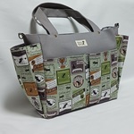 ９ポケットトートバッグ(M)　ミルキーグリーン×グレー　黒ネコ　にゃんこ