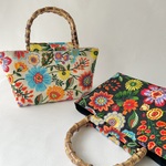 インド刺繍生地のバンブーハンドルバッグ　【ベージュ】