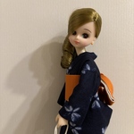 リカちゃん　基本！藍色の浴衣と煉瓦色の帯のセット　巾着付き