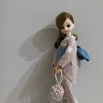 リカちゃん　淡いくすみピンクの浴衣とブルーの帯のセット　巾着付き