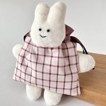 ”ふわもちうさぎ”のぬいぐるみ付き　ミニ巾着ポーチ　チェック　動物　赤　プレゼント　