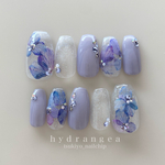 紫陽花ネイルチップ🫧 付け爪　梅雨　雨　透明　クリア　パープル　紫　ウェディング　ブライダル　ジューンブライド　ストーン