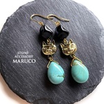 PP700-40ターコイズmagnesite＋猫*天然石ピアス  ｽﾃﾝﾚｽ   *送料無料* イヤリング＆樹脂ピアス交換OK　