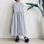 半袖サイドリボンワンピース　* Cotton リップル素材　紺と白のストライプ柄 *