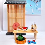 ちりめん細工　夏の風物詩　《  竹床几 ・ うちわ ・ 丸すいか ・ 切りすいか ・ たらい ・ 蚊遣り豚 ・ ビーチサンダル  》　７点１セット