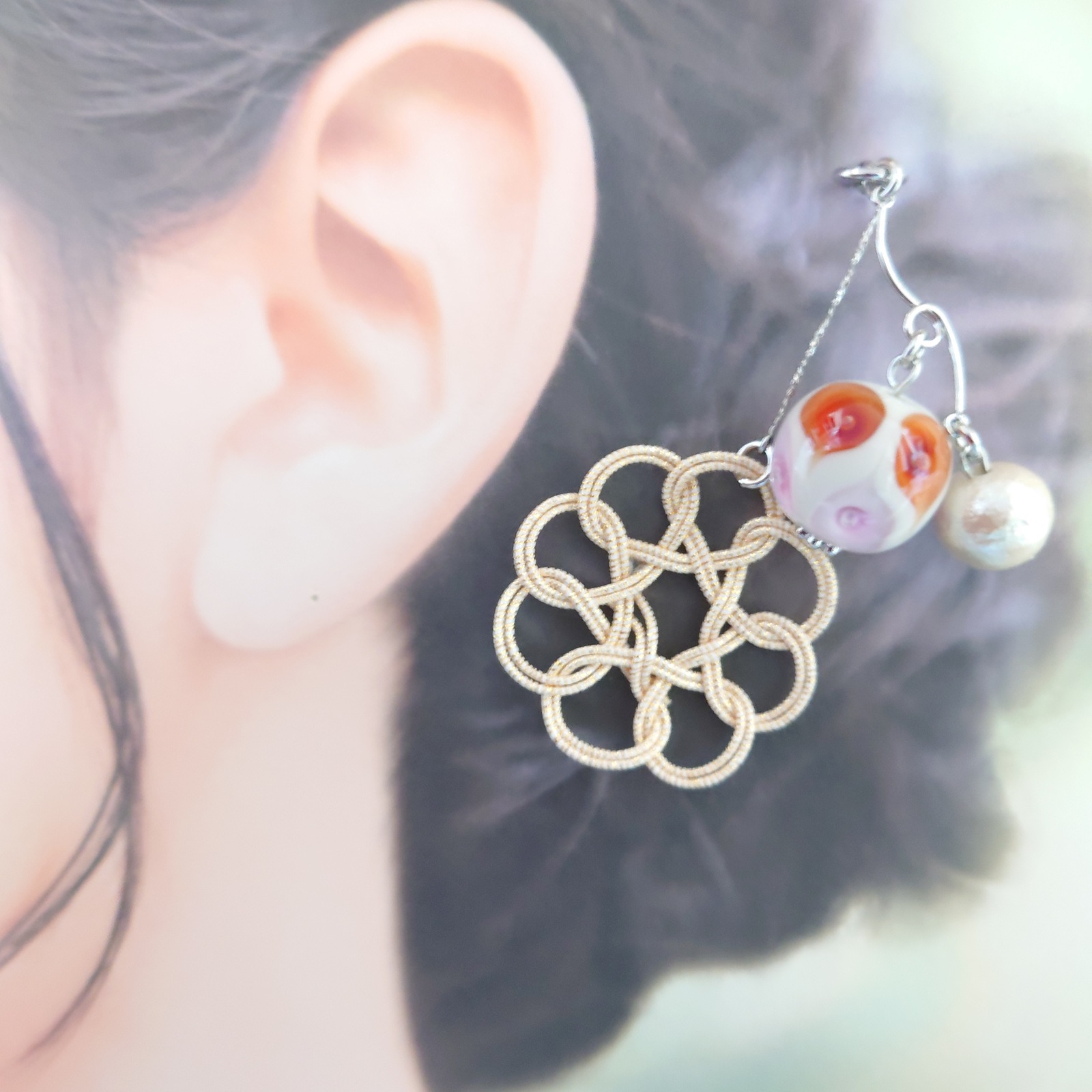 水引ピアス(イヤリング)　梅結びとコットンパール　ハンドメイド　水引アクセサリー pz-kkkmumeb.jpg?fitin=272:272