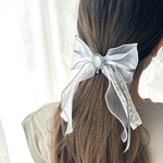 【２way・取り外し可能なビジュー✨】gray＊ゆるふわ＊透け感グレー×白小花インド刺繍リボン＊ポニーフック＊シルバー/H117