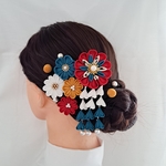 和　つまみ細工　赤×青×カラシ×白×下がり×パール　髪飾り　【成人式　袴　和装　七五三】