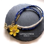 NC700-81瑠璃色ラピスラズリ+淡水パール FLOWER  40㎝+chain*天然石ネックレス *送料無料*