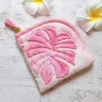 【一点限定】Pink!Pink!Pink!モンステラのポーチ/カードケース　ハワイアンキルト　パッチワーク　キャシー中島　キャシーマム　むら染め　キルトポーチ　ラインストーン