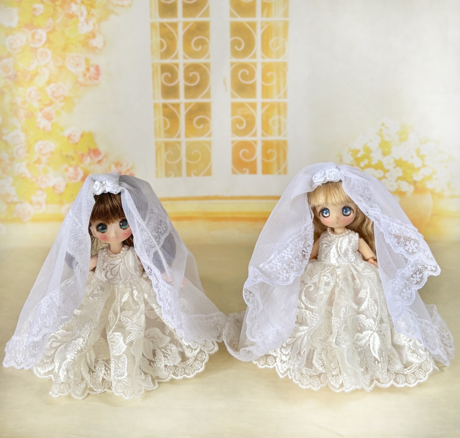 【オーダー】ちびぐるみサイズ ぬい服 ウエディングドレス&ベール 白いドレスとベールの髪どめ オビツ11、ピコニーモP用 - UMY