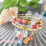 ハイビスカス🌺Hawaii天然石ルビーカラーアゲート&キューブタイガーアイ&カット水晶コイルブレスレット　ハイビスカス　ウクレレチャーム付き