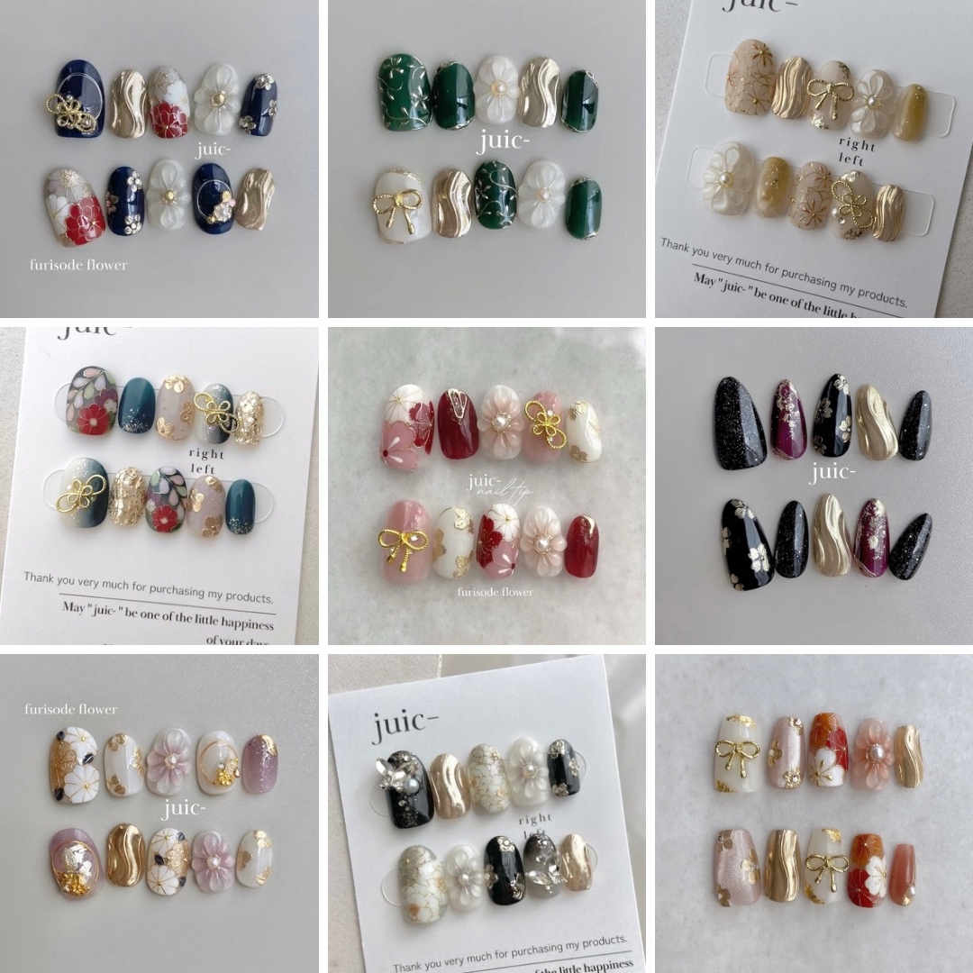 ネイルチップ　フルオーダー　成人式　卒業式　ブライダル オレンジのニュアンス和柄ネイル🍊 成人式、卒業式、和装に