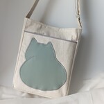 綿麻の風合いが魅力の猫のポシェット　ミント　サコッシュ　ショルダーバッグ