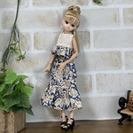 NO,555リカちゃん服  ネイビーブルー　ボタニカルフリルスカート　レースペプラムトップス　夏のセットアップ　リアルクローズ