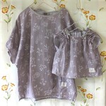 【sale】ラテ色Wガーゼ☆くすみ色☆ドルマン袖☆リボン☆ブラウスセット☆フリー＆90☆グレージュ☆刺繍モチーフプリント☆バックリボン