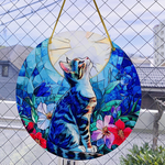 月を仰ぐ猫とブーゲンビリアドアプレート＆ドア飾り（両面タイプ）アクリル製玄関インテリア