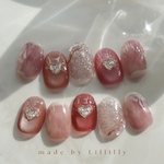 no.231ルージュネクター💋🍑🫧マグネットネイル　うるうるネイル　ぷっくりネイル　ピンク　フラッシュネイル　クリスタル　ニュアンス　ハート　前撮り　ブライダル