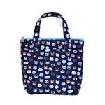 SALE◆ごあいさつにゃんこ猫×ブルー地◆両面外ポケ②◆２０㎝幅ファスナーバッグ型ポーチ