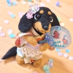 浴衣で夏祭り ダックス ✨ ブラックタン 羊毛フェルト ぬいぐるみ 犬 夏 8月飾り お盆