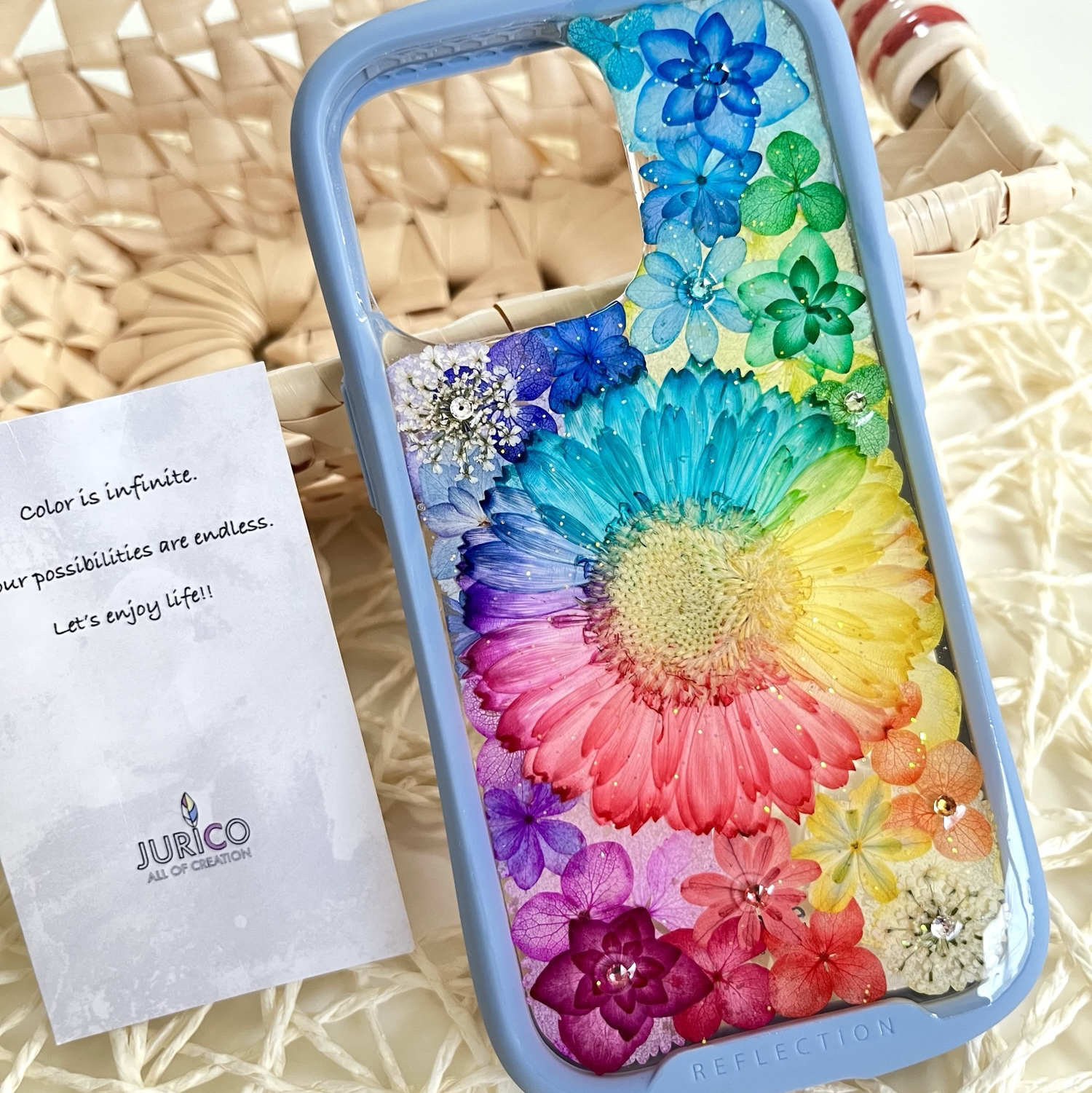 レインボーガーベラのフルオーダーメイド押し花スマホケース 全機種 