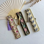 扇子入れ　がま口　専用ケース　インド刺繍リボン   合皮　