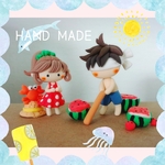 新作 ❀スイカ割り❀ 童話 ハンドメイド マスコット　粘土　夏休み　猫　女の子　男の子