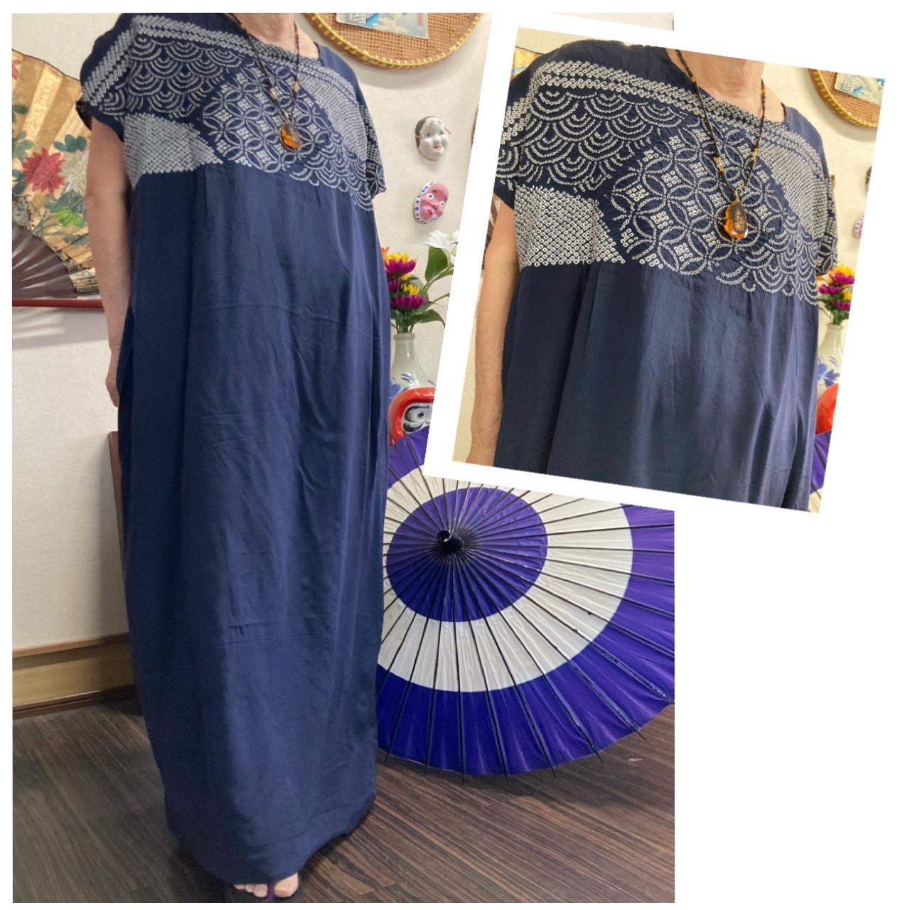 着物リメイクワンピース♪63♪総絞り♪123cm 総絞り(黒)の着物からのワンピース 着物リメイク - NANO-EX'S