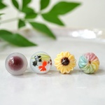 【8/7再販】🌻盛夏の和菓子セット金魚錦玉羹、ひまわり練切、水まんじゅう、花火練切　の耳飾り①イヤリング②ピアス③樹脂ピアス④樹脂ノンホールピアス（樹脂イヤリング）