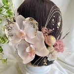 No.61 胡蝶蘭の髪飾り　金箔アレンジ　ドライフラワー　ピンク　結婚式　成人式　卒業式　前撮り　ウェディング　ブライダル　着物　和装