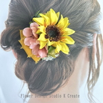 ウェディング・発表会に♡ヒマワリとピンクローズのヘアクリップ　結婚式　ウェディング　お出掛け　発表会　ヘアクリップ　髪飾り