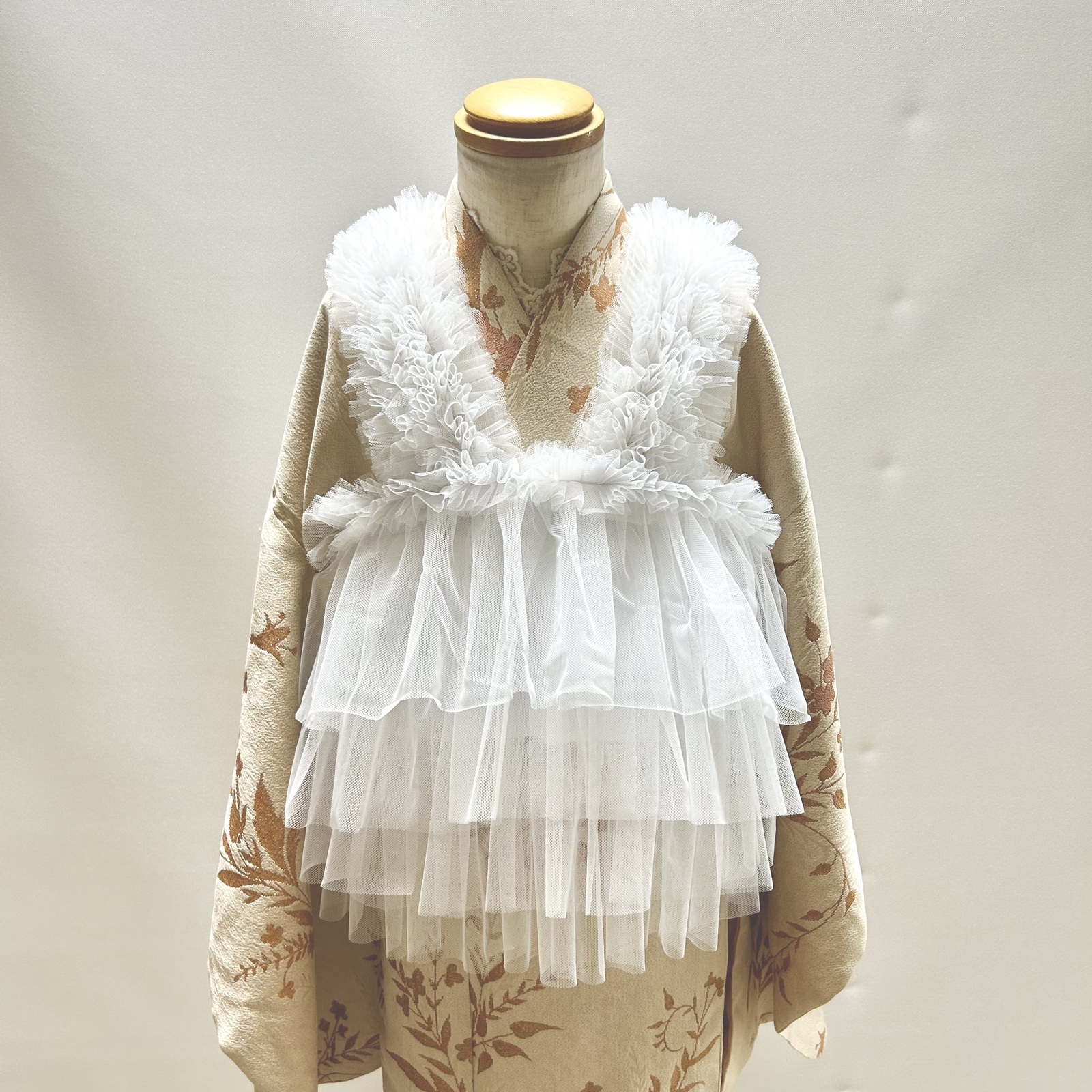 被布エプロン【キャメルフリル】チュール被布 着物ドレス 七五三3歳