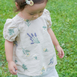 【長袖可能】半袖花刺繍パフスリーブブラウス