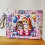 ふんわりファスナーポーチ、25(風船と仲良し猫ちゃんパネルと、レトロポップ花柄、ピンク)