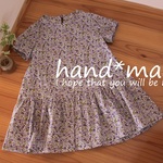 SALEローウエストワンピ140＊半袖＊花柄ブルー×パープル