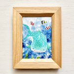 🦈透明水彩画「悠々ジンベイザメ」イラストミニ額 夏　夏ギフト　プチギフト  夏　海　サメ　魚　熱帯魚　水族館　海の生き物　暑中見舞い　残暑見舞い　お中元　ほっこり　癒し