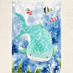 🦈透明水彩画　2枚セット「悠々ジンベイザメ」イラストポストカード　海　サメ　水族館　魚　夏　幻想的　癒し　暑中見舞いはがき 暑中はがき 残暑見舞い　残暑見舞いはがき　アクアリウム　バースデーカード