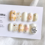 𝐧𝐞𝐰︎✦︎ イエローピーチMIX 🍑🌼🤍  サイズオーダーネイルチップ/ベリーショート/インク/チェック柄/ハート/フラワー/ビジュー/チーク/キラキラ/普段使い
