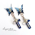 ⛪️🦋 devotion ✵ 蝶と太陽の十字架〜シェルと天然石のダブルクロスの耳飾り  《 ラピスラズリ× 白蝶貝 》 ピアス  イヤリング